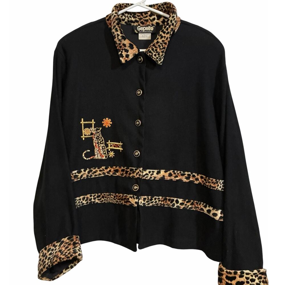 Gepetto Leopard Trim Cat Embroidered Cardigan Jacket XL Vintage Animal Print
